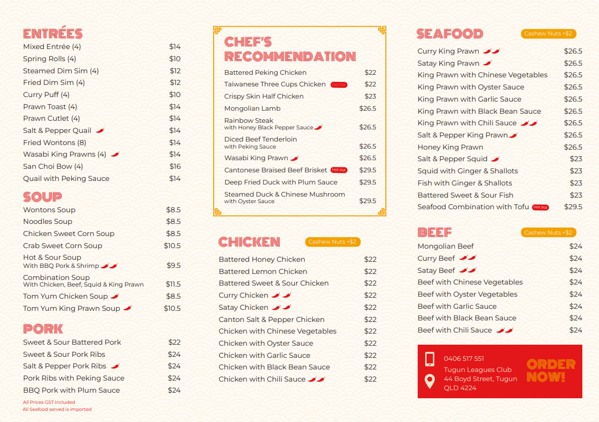 TONY’S Chinese Restaurant menu